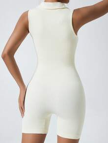 Women's V-Neck Polo Collar Button Design Sleeveless Jumpsuit, Ribbed Elastic Abdominal Compression Running Dance Fitness Yoga Tennis Sports Summer - White - View 5