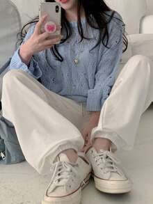 YCYC Spring/Autumn Women's Versatile Slouchy Perforated Long Sleeve Knit Top - Blue - View 3
