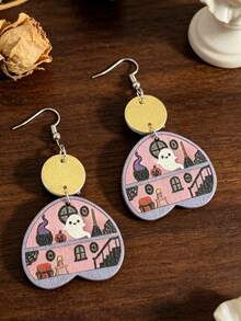 1 Pair Cute Ghost Haunted House Wooden Earrings, Gold Round Disc Patchwork Gothic Style Halloween Dangle Earrings - Multicolor - View 5
