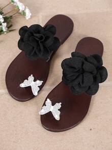 Women's 3D Flower Toe-Post Sandals, Flat Rhinestone Butterfly Pattern Flip Flops, Summer Vacation Beach Casual Sandals - Black - View 2