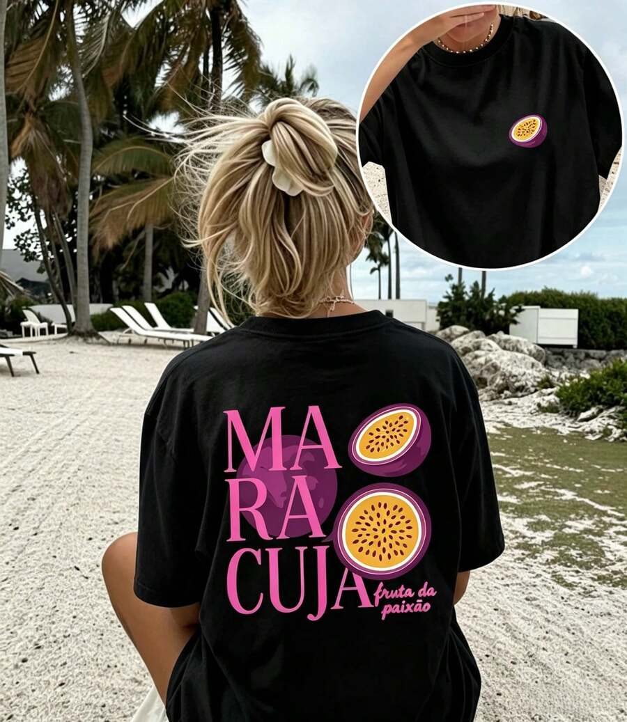Damen Passionsfrucht Buchstaben Muster Rundhals Kurzarm Lässig T-Shirt - Style1 - View 1