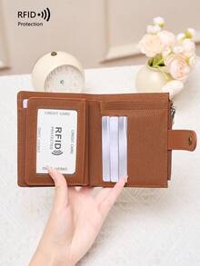 Hot-Selling New RFID Anti-Theft Women's Wallet, Multi-Card Slot Vintage Tri-Fold Leather Wallet, Multi-Function Fashion Short Wallet - Brown - View 4