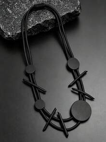MARLIWOO 1pc Vintage Exaggerated Niche Double Layer Handmade Jewelry Fashion Gothic Style Asymmetric Design Versatile Necklace - Black - View 3