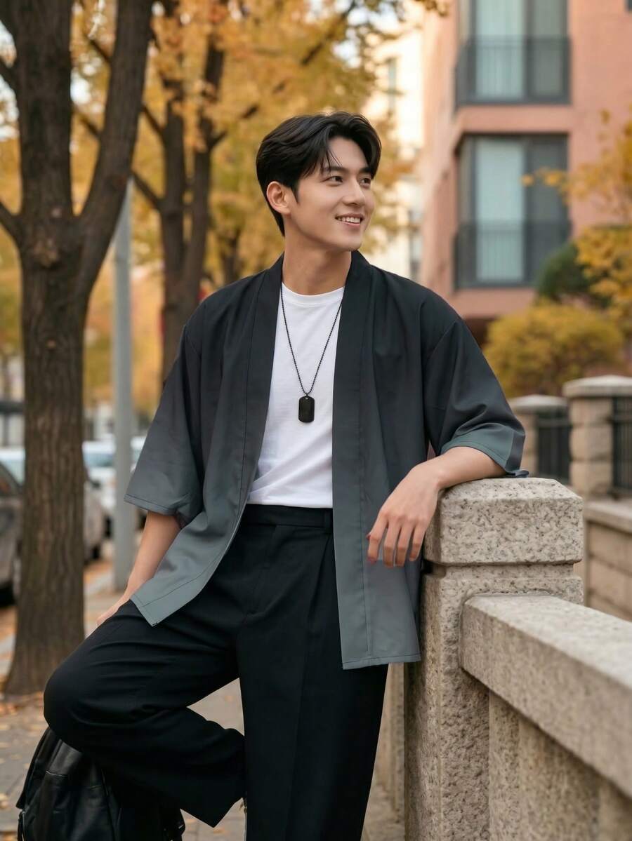 Men's Gradient Color Kimono Cardigan, Machine Washable - Grey - View 1