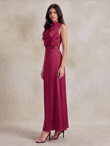 PARTHEA Elegant Burgundy Satin Sleeveless Dress For Women, Ruched Mandarin Collar, Waist Belt With Back Bow, - Burgundy - View 4