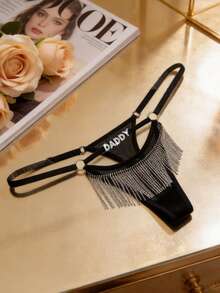 Custom Thong G-Strings With Gold Charms Name Personalized Charm Thong With Any Name Custom Thong Bikini Couple Gift - Black - View 2