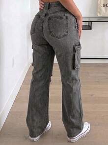 Women's High Waist Cargo Jeans With Ripped Detail, Retro Street Style, Versatile Denim Pants - Grey - View 2