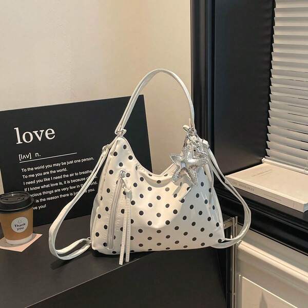 Tas Tote Polkadot Gaya Korea untuk Wanita, Tas Bahu Komuter Kapasitas Besar, Tas Tangan Modis dan Serbaguna, Bahan Nilon