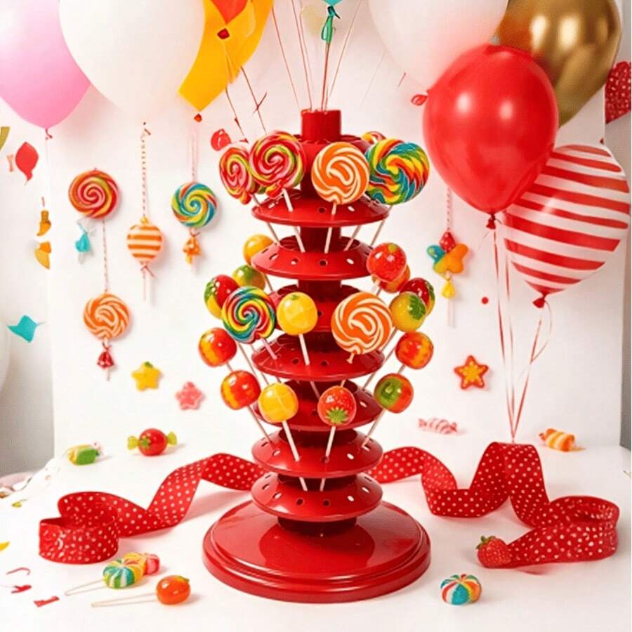 1pc Multi-Layer Lollipop Holder Centerpiece, Red Plastic Adjustable Multi-Layer Candy Lollipop Display Stand Desktop Decoration, Multi-Layer Insertable Lollipop Holder, Suitable For Christmas, Birthday And Wedding Party Decoration