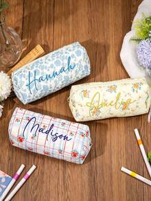 1pc Personalized Floral Pattern Pencil Case, Embroidered Name, Custom Zipper Pencil Pouch, Back To School Gift, Makeup Brush Storage Bag, School Supplies, Custom Toiletry Bag, Cosmetic Bag - Multicolor - View 6