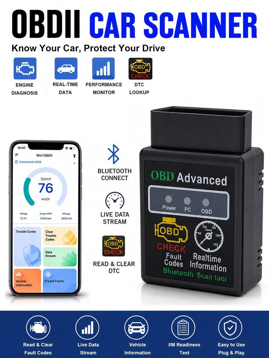 Escáner de Diagnóstico OBD2 Bluetooth Herramienta de Diagnóstico Automotriz Compatible con Todos los Vehículos con Protocolo OBDII desde 1996, con Verificación de Preparación I/M, Prueba de Batería, Prueba de Rendimiento, Lectura y Borrado de Códigos de Falla, Análisis de Datos en Tiempo Real, Análisis del Estado del Motor y talla grande, Compatible con Sistemas IOS/Android, Adecuado para Múltiples Escenarios de Aplicación, Opción de Regalo para el Día de San Valentín