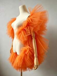 1 pc Selendang Bahu Tulle Ruffle Oranye Bulu Halus Jaring Pengantin Gaya Fairycore Jubah Pernyataan untuk Pesta Pernikahan Festival Panggung dan Pemotretan - Burnt Orange - View 11