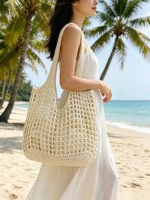 Beige Hollow Crochet Mesh Tote Bag, Large Capacity Open Knit Shoulder Bag, Lightweight Breathable Handbag For Beach Vacation Travel - Beige - View 2