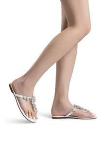 Dream Pairs 女款休閒夾腳拖鞋 飾水鑽 T 型帶式涼鞋 夏季穿搭適用於洋裝與海灘 - 白色 - 查看 6