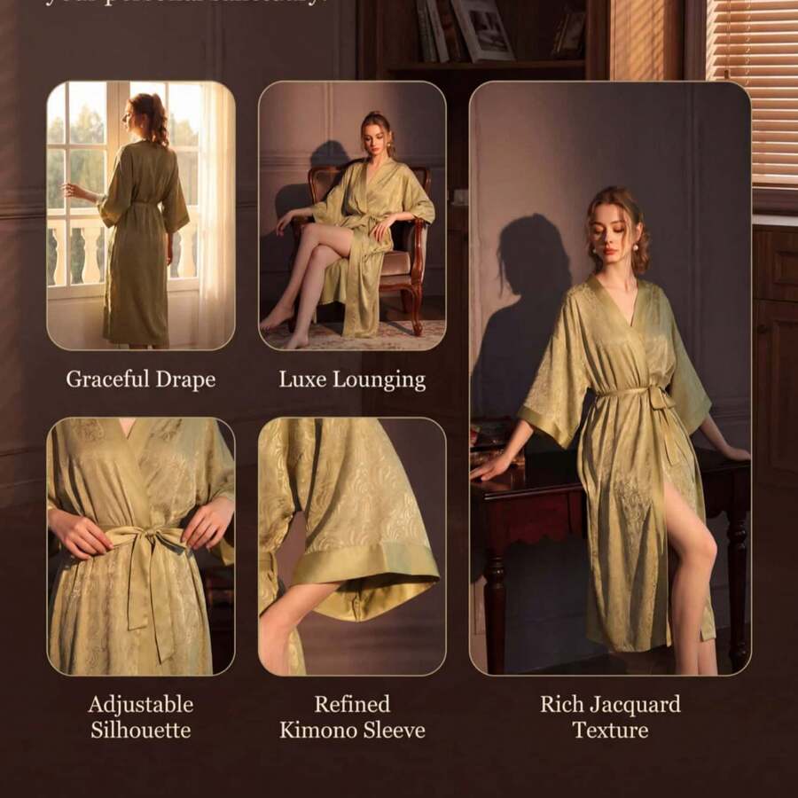 Jacquard Nightgown Women's Spring And Autumn Long Bathrobe Bath Skirt Ice Silk High-End Satin Loungewear Single Robe Can Be Worn Outside - HP14款-長袍 - 查看 1