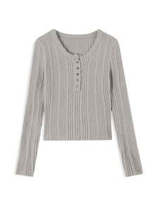 Women's Minimalist Ribbed Long Sleeve Slim Fit Cropped T-Shirt, New Autumn/Winter Base Layer Top, Random Fabric Patchwork Fall - Grayish Apricot - View 6
