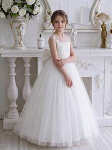 Gaun Anak Perempuan Remaja Elegan dengan Hiasan Pita, Gaun Putri Pengiring Pengantin Cocok untuk Pernikahan, Pesta, Ulang Tahun, Komuni, dan Acara Penting Lainnya - Putih - View 6