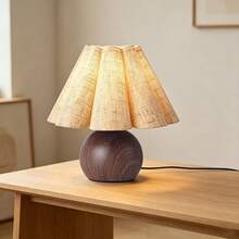 1pc Vase Petal Shaped Table Lamp, Walnut Wood Grain Pleated Lampshade USB Night Light, French Ins Style Bedroom Home Decor Ambient Light - Multicolor - View 3