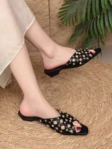 Women's Mesh Rivet Square Toe Flat Slide Sandals, Hollow Toe Closed Mule Slippers, Punk Cool Slouchy Slides, Summer Commute Streetwear Versatile Niche Slimming Casual Closed Toe Sandals - Black - View 5