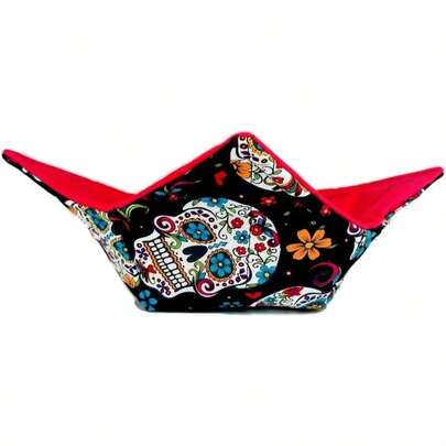 Sugar Skull Quilted Cotton Reversible Microwavable Soup Bowl Holder Or Cozy