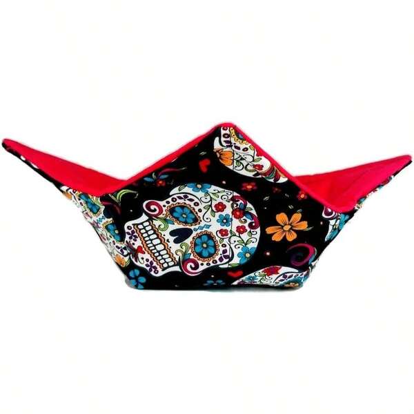Sugar Skull Quilted Cotton Reversible Microwavable Soup Bowl Holder Or Cozy