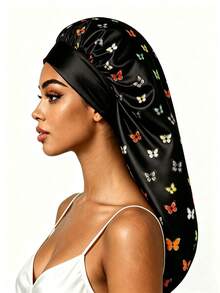 CONFLASS Leopard Print Butterfly Pattern Long Satin Sleep Cap, Loose Elastic Band Silk Hair Bonnet, Extra Large Long Braid Curly Hair Cap, Women's Essential Night Sleep Cap For Back To School - Multicolor - View 13