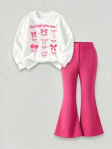 Tween Girl Letter Bow Print Crew Neck Long Sleeve Sweatshirt And Flare Pants Casual Set - Pink - View 2