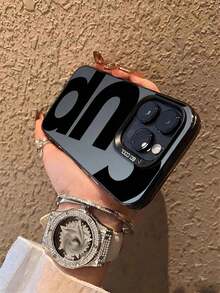 1PC Letter Colorful Silver Shell Style Compatible With Apple 17Promax/16Pro/15plus/14Pro/13Promax/12Pro/11 Protective Case Women's Minimalist - Black - View 3
