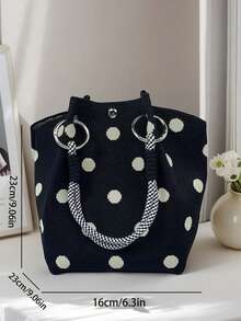 Polka Dot Pattern Canvas Bucket Bag, Woven Handle Handbag, Soft Textured Fabric With Neat Stitching, Spacious Interior For Daily Essentials, Perfect For Commuting, Weekend Shopping And Casual Outings, Ideal For Students, Office Women And Casual Wear Enthusiasts, Fashionable And Practical Daily Accessory (No Tag Included) - Black - View 5