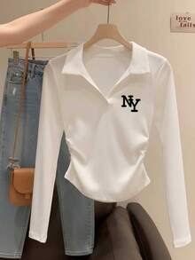 Polo Collar V-Neck Design Long Sleeve Top With Side Ruched Waist, Flattering Fit, NY Letter Print, Cropped Length, Versatile Style - White - View 3