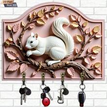2D Flat 1pc Squirrel Branch Design Wooden Multi-Function Key Holder, With 4 Metal Hooks, Wall Decor, Porch Decor, Room Decor - Khaki - View 2