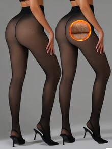 2/1pc Women's Autumn/Winter Thickened Thermal Lined Warm Leggings, One-Line Crotch Elastic Faux Sheer Tights, High Waist Wide Band Black And Coffee Color Base Leggings, Comfortable Soft All-Match Versatile Socks, Suitable For Christmas And Halloween Outfits, Suitable For 5-15℃ - Black - View 6