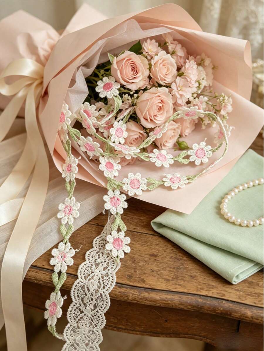 1 yarda de cinta de encaje con patrón floral para costura, envoltura de paquetes de regalo, manualidades DIY y decoraciones de boda nupcial - Multicolor - Ver 1
