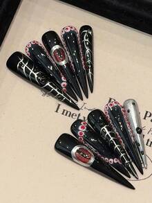 10Pcs Pure Hand-Pressed Extra Long Pointed Nail Art, Beautiful False Nails, Premium Sweet Cool Hot Girl Style With Devil's Eye And Metal Angel Decorations, Unique Dark Gothic, Heavy Extra Long Stiletto Handmade Press-On Nails, Suitable For Women - Black - View 10