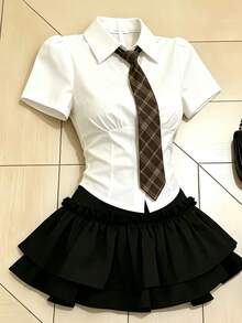 可調節式制服領帶，復古條紋結領帶，中性學生校服領帶，西裝襯衫領帶，適用於學校活動、Cosplay配件、萬聖節 - 咖色 - 查看 3