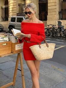 Women's Spring Valentine's Day Red Casual Cute Off-Shoulder Off-Shoulder Long Sleeve Sweater, Fall Clothes, Boho Chic, Going Out Tops Women - Red - View 6