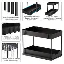 1pc Under Sink Storage Box, Bathroom Cabinet Storage Solution, Double Layer Sliding Basket Drawer, Multi-Function Bathroom Storage Basket, Space-Saving Double Layer Pull-Out Storage Rack - Durable Plastic Kitchen Bathroom Multi-Compartment Design, Suitable For Bottles, Seasonings, Utensils - Easy Access, Neat Countertop Storage For Under Sink Storage, With 8 Hooks - A - View 2