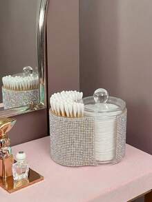 2-In-1 Rhinestone Plastic Storage Box, Dual Round Compartment Desktop Cosmetic Organizer, With Lid Modern Vanity Organizer, Bathroom Makeup Brush Lipstick Beauty Tool Storage Box, Women's Gift, Christmas Gift - Multicolor - View 1