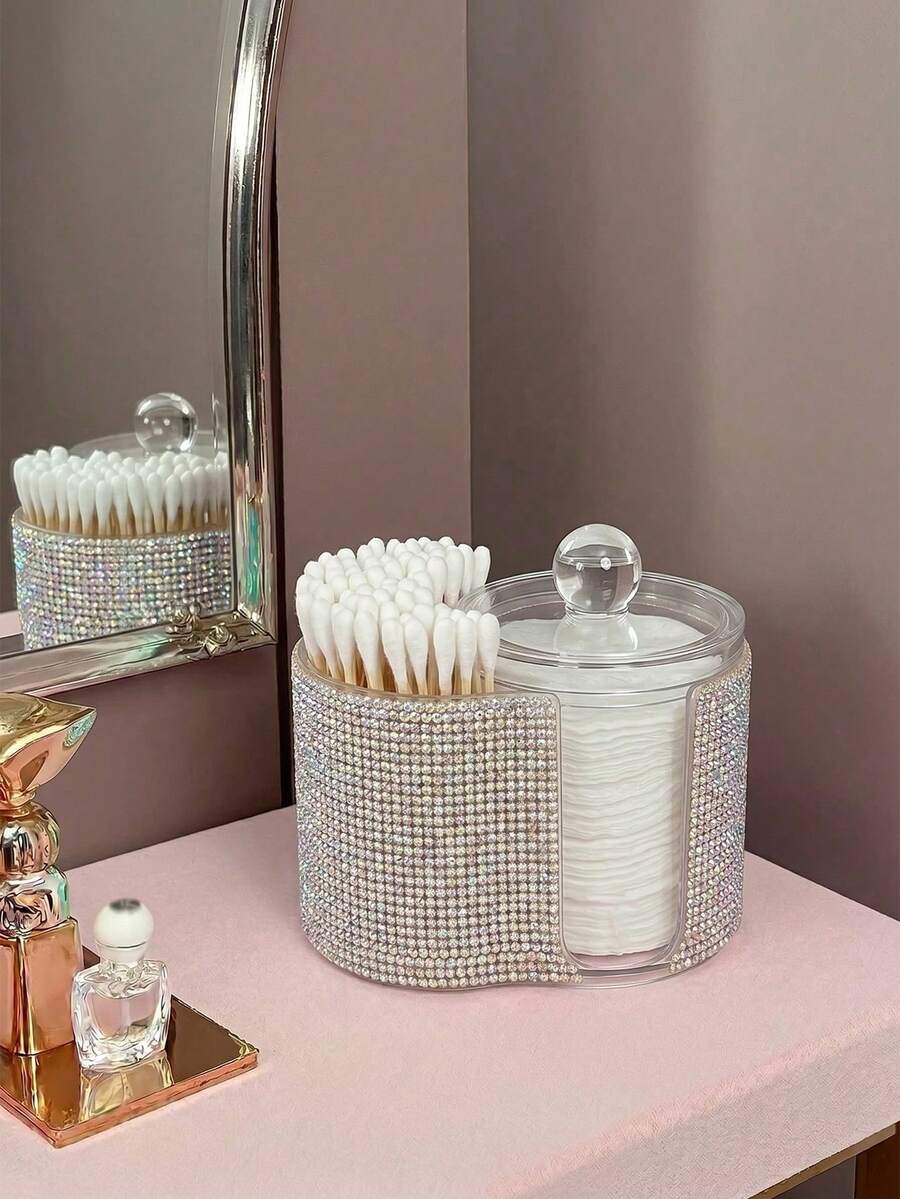 2-In-1 Rhinestone Plastic Storage Box, Dual Round Compartment Desktop Cosmetic Organizer, With Lid Modern Vanity Organizer, Bathroom Makeup Brush Lipstick Beauty Tool Storage Box, Women's Gift, Christmas Gift - Multicolor - View 1