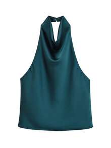 Spring/Summer Solid Color Satin Halter Neck Backless Top - Dark Green - View 3