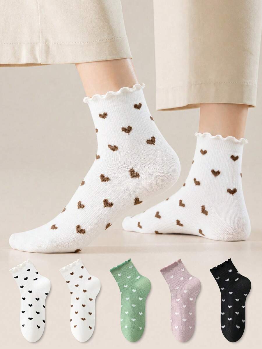 ZUJO 4 Pairs Women's Short Socks, Heart Pattern Wavy Edge, Simple & Comfortable, Suitable For All Seasons - Multicolor - View 1