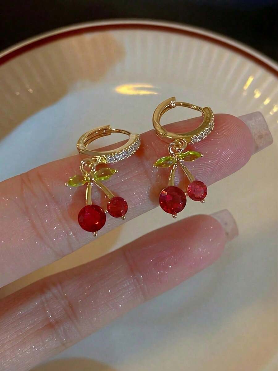 1對甜美可愛精緻櫻桃耳環,適合女性 - 彩色 - 查看 1