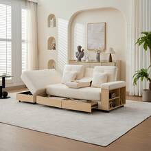 Wohnlandschaft Sofa mit Stauraum – 217 cm Stoffsofa mit verstellbarer Rückenlehne, Schubladen & Hocker, Chenille-Bezug, MDF-Rahmen, Beige - Beige - Übersicht 7