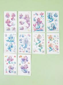 10pcs Temporary Tattoo Stickers, Cartoon Mermaid Pattern, Glow In The Dark Waterproof, Disposable, Suitable For Face, Arms, Waist, Chest, Legs, Abdomen, Neck, Hands, Fingers, Back, Ideal For Dance Party Stage Performance, Modern Body Painting - Multicolor - View 6