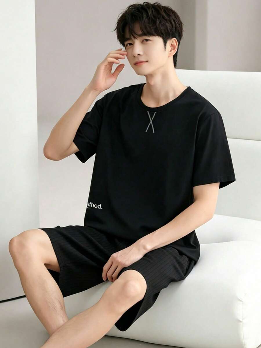 AICJ 男士纯色休闲宽松简约口袋圆领短袖格子短裤睡衣套装(2件套),适合春夏穿着 - 黑色 - 查看 1