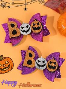 2pcs Halloween Purple Glitter Hair Bow Clips-Cartoon Pumpkin Decor Bows Hair Accessories For Halloween Parties,Costume Nights - Multicolor - View 2