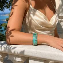 ORNAPEADIA 1pc Women's Gold-Plated Turquoise Enamel Open Bangle Bracelet, Versatile Beach & Daily Wear Accessory, Suitable For Gift - SZ60882-8 - View 3