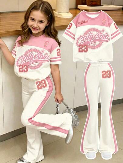 2pcs/Set Casual Loose Round Neck Drop Shoulder Short Sleeve T-Shirt Set For Girls, Retro American College Style, Sporty 23 Number Print, Suitable For Spring & Summer, Hippie Vibe, Music Festival, BM, Retro Sweet Style, Campus Style, Urban Stroll, Street Fashion