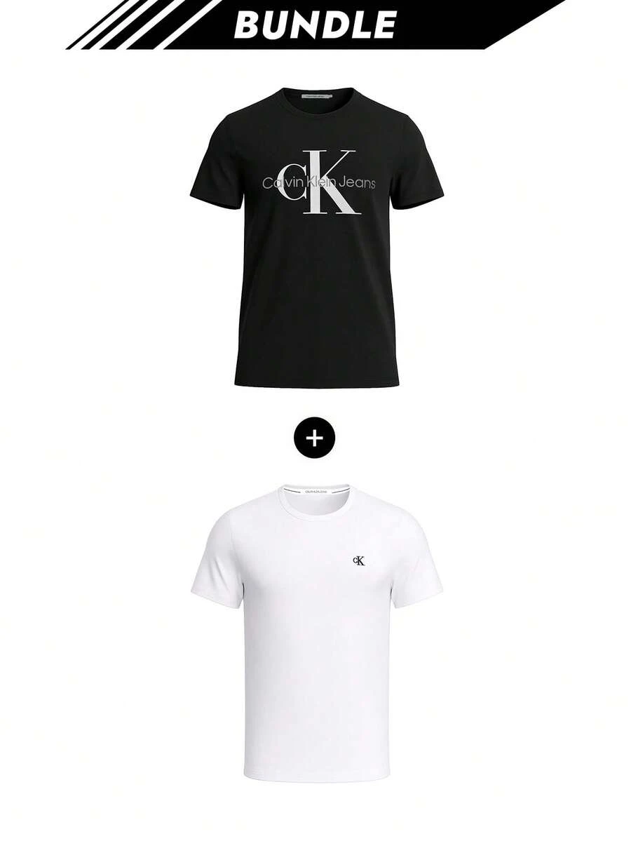 [Bundle] Calvin Klein Men's T-Shirt Black + Printed Essential Men's T-Shirts White - Black+White - View 1
