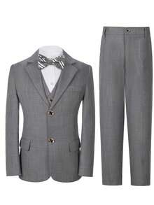 Boys Plaid 3 PiecesSuit Set, Toddler Formal Wear, Groomsman Outfit, Wedding Suit Vest & Pants, Formal Attire, Light Gray, 3-8 Years - Light Grey - View 3